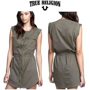 True Religion Women's Military Utility Dress in Militant Green, sleeveless, NWT